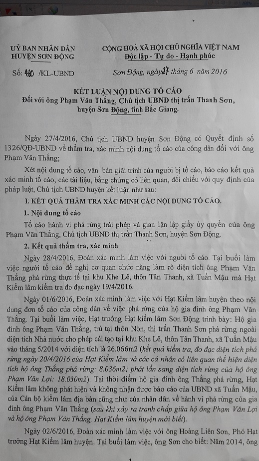 Kết luận của Chủ tịch UBND huyện Sơn Động yêu cầu phải xem xét truy cứu trách nhiệm hình sự với gia đình ông Phạm Văn Thắng.