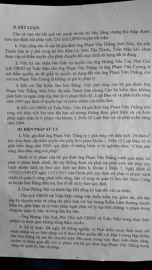 Kết luận của Chủ tịch UBND huyện Sơn Động yêu cầu phải xem xét truy cứu trách nhiệm hình sự với gia đình ông Phạm Văn Thắng.