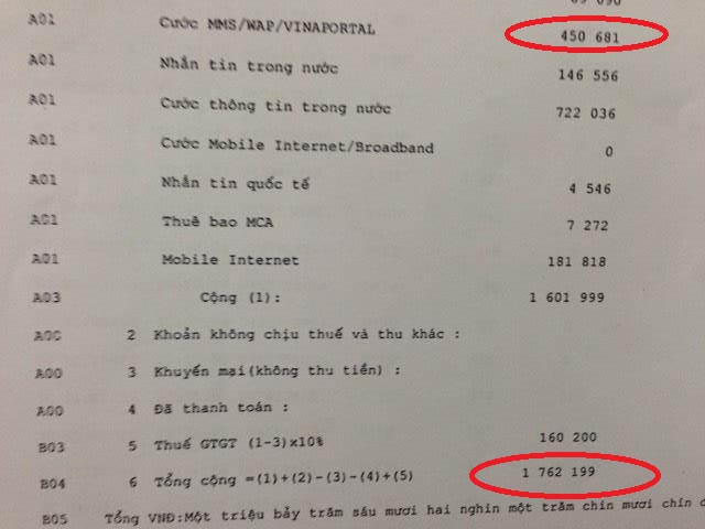 Bản kê chi tiết số tiền anh Sơn dùng trong tháng 1/2016. Trong đó tổng tiền cước phải trả là 1.762.199 đồng, thế nhưng số tiền cho dịch vụ MMS/WAP/VINAPORTAL lên tới 450.681 đồng.