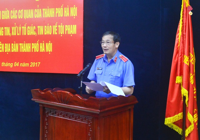 Đồng chí Nguyễn Quang Thành, Viện trưởng VKND TP. Hà Nội phát biểu tại Hội nghị ký kết 