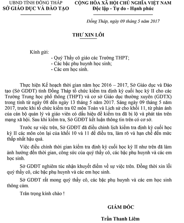 Trong này 9/5, Giám đốc Sở Gd-ĐT tỉnh Đồng Tháp có thư xin lỗi gửi đến quý thầy cô, học sinh và phụ huynh, mong thông cảm vì sự cố lộ đề thi