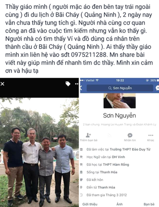Thông tin trên mạng xã hội về một thầy giáo tên Sơn đã mất tích vài ngày nay.