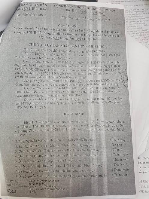 Quyết định thành lập tổ truyên truyền “bêu” doanh nghiệp của UBND huyện Hiệp Hòa