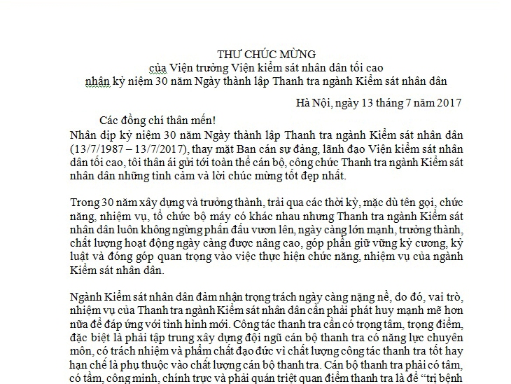 Thư chúc mừng của Viện trưởng VKSND tối cao nhân kỷ niệm 30 năm Ngày thành lập Thanh tra ngành Kiểm sát nhân dân