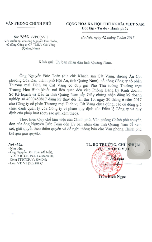  Văn bản của Văn phòng Chính phủ yêu cầu tỉnh Quảng Nam làm rõ vụ việc