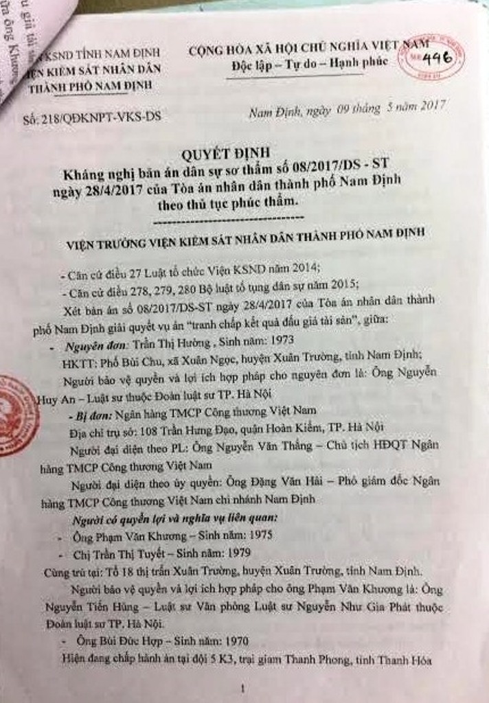 Quyết định kháng nghị của VKSND tỉnh Nam Định