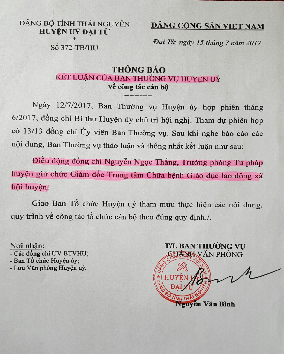 Thông báo kết luận điều chuyển cán bộ của ông Nguyễn Ngọc Thắng