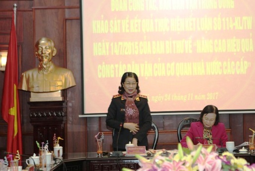 Đồng chí Nguyễn Thị Thủy Khiêm, Bí thư Đảng ủy, Phó Viện trưởng VKSNDTC phát biểu tại buổi làm việc
